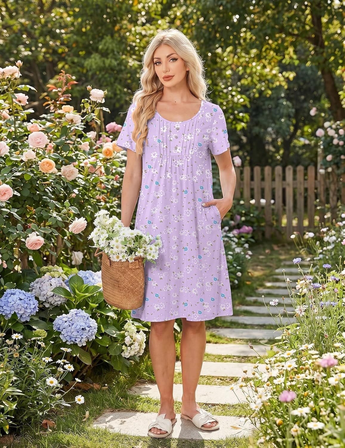 image:imageEkouaer Nightgowns for Women Short Sleeve House Dresses with Pockets Pleated Moo moos Floral Print Mumu DressFloral Light Purple