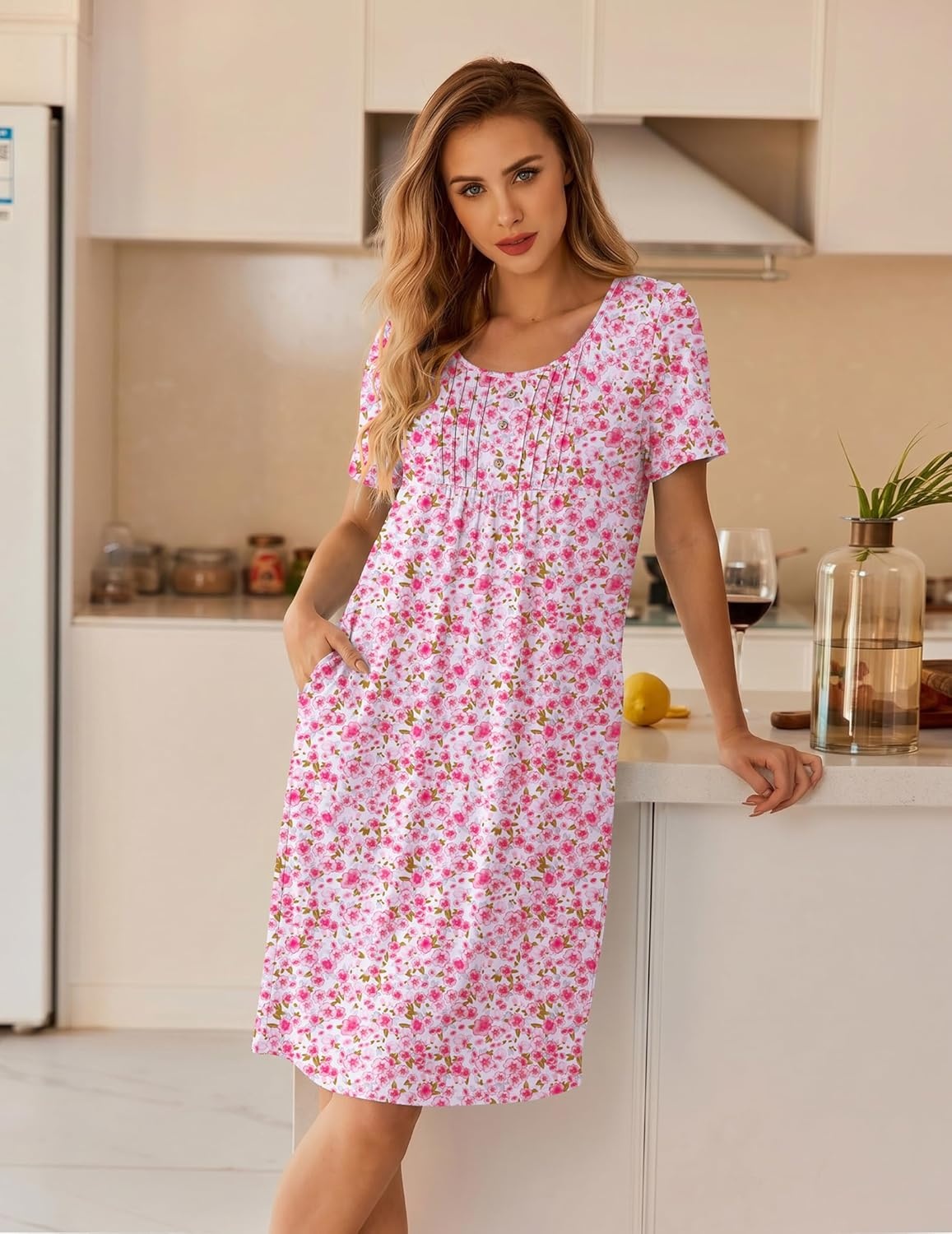 image:imageEkouaer Nightgowns for Women Short Sleeve House Dresses with Pockets Pleated Moo moos Floral Print Mumu DressFloral Pink
