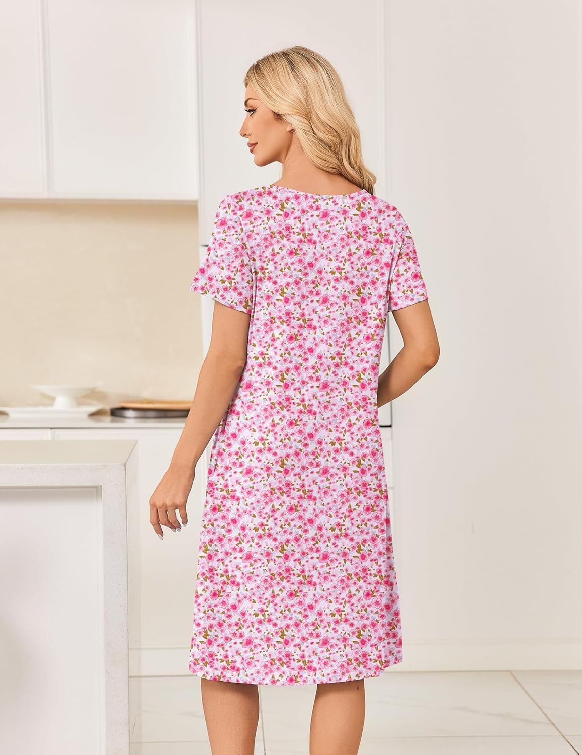 image:imageEkouaer Nightgowns for Women Short Sleeve House Dresses with Pockets Pleated Moo moos Floral Print Mumu DressFloral Pink
