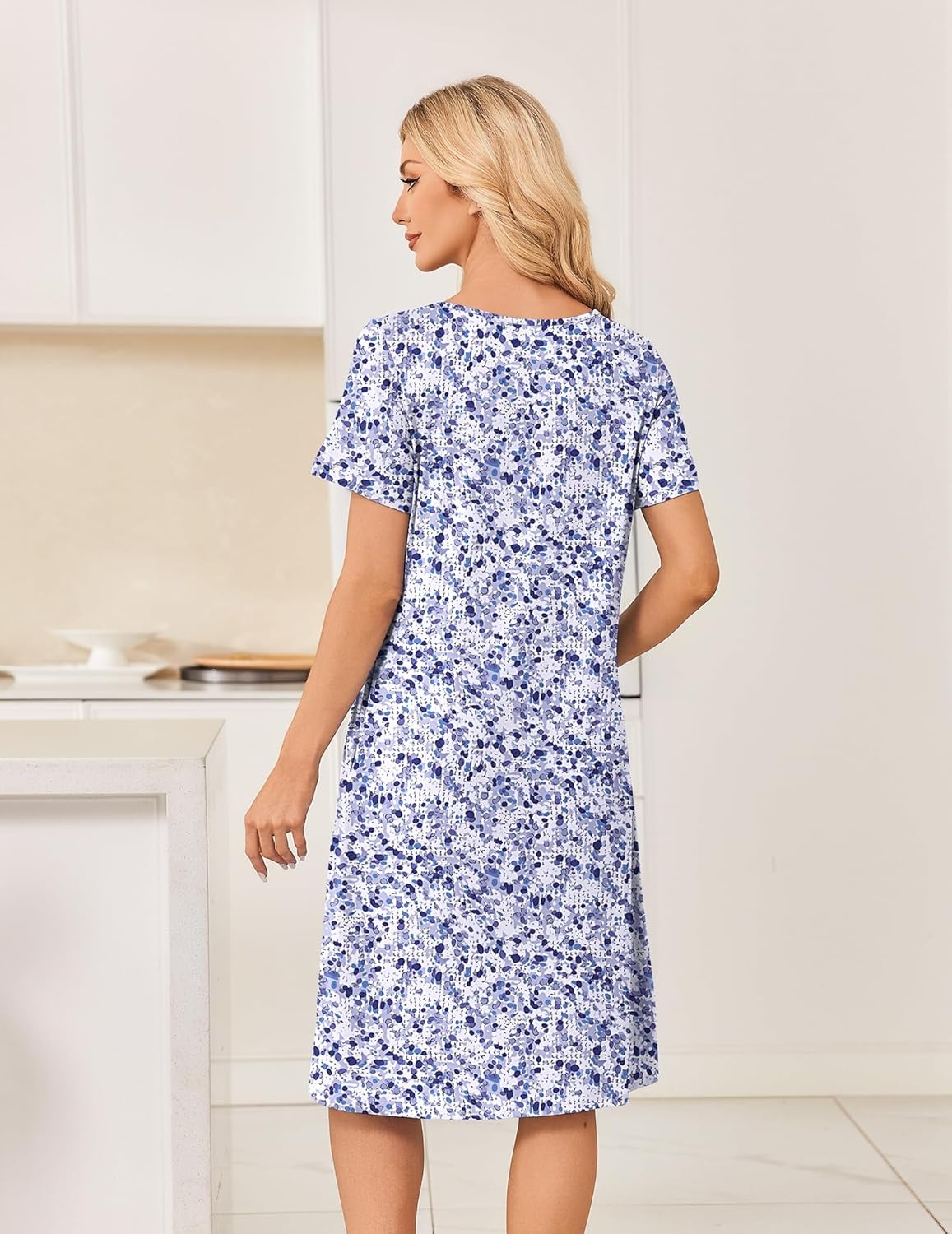 image:imageEkouaer Nightgowns for Women Short Sleeve House Dresses with Pockets Pleated Moo moos Floral Print Mumu DressFloral Purple