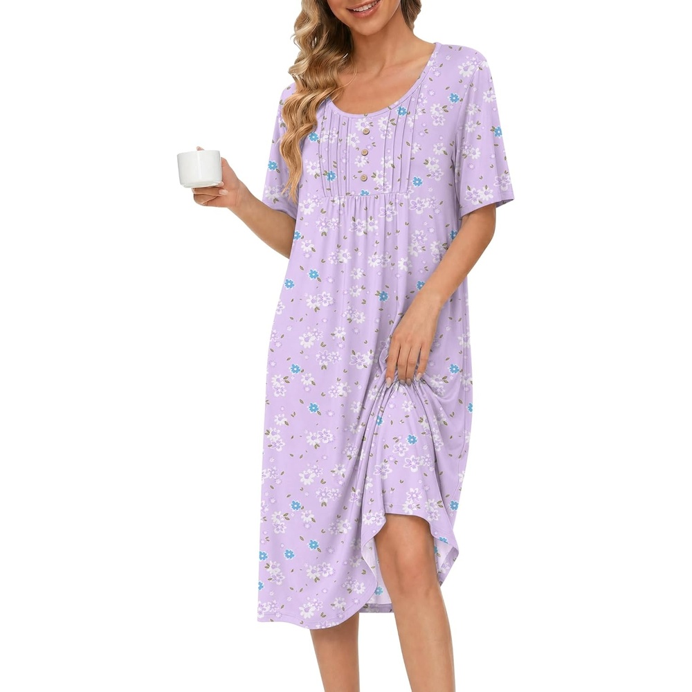 image:imageEkouaer Nightgowns for Women Short Sleeve House Dresses with Pockets Pleated Moo moos Floral Print Mumu DressFloral Light Purple