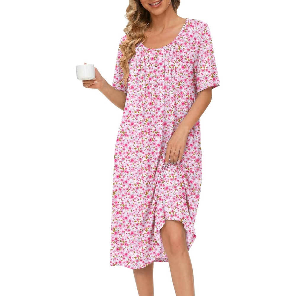 image:imageEkouaer Nightgowns for Women Short Sleeve House Dresses with Pockets Pleated Moo moos Floral Print Mumu DressFloral Pink