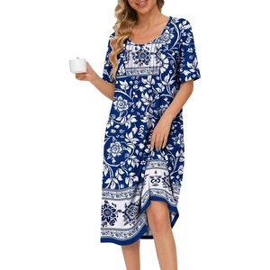 Ekouaer Nightgowns for Women Short Sleeve House Dresses with Pockets Pleated Moo moos Floral Print Mumu Dress(Blue Bohemian Flowers)