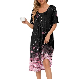 Ekouaer Nightgowns for Women Short Sleeve House Dresses with Pockets Pleated Moo moos Floral Print Mumu Dress(Cherry Blossoms)