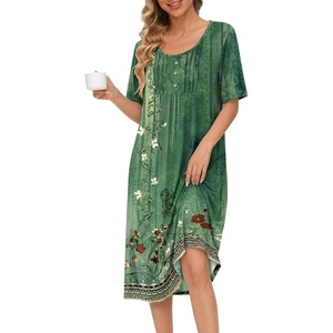 Ekouaer Nightgowns for Women Short Sleeve House Dresses with Pockets Pleated Moo moos Floral Print Mumu Dress(Floral Green)