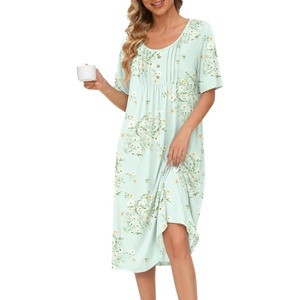 Ekouaer Nightgowns for Women Short Sleeve House Dresses with Pockets Pleated Moo moos Floral Print Mumu Dress(Floral Light Green)