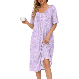 Ekouaer Nightgowns for Women Short Sleeve House Dresses with Pockets Pleated Moo moos Floral Print Mumu Dress(Floral Light Purple)