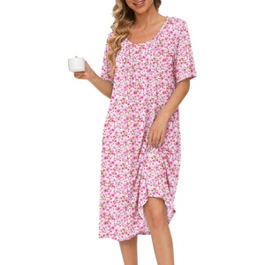Ekouaer Nightgowns for Women Short Sleeve House Dresses with Pockets Pleated Moo moos Floral Print Mumu Dress(Floral Pink)
