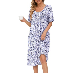 Ekouaer Nightgowns for Women Short Sleeve House Dresses with Pockets Pleated Moo moos Floral Print Mumu Dress(Floral Purple)