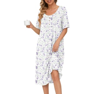 Ekouaer Nightgowns for Women Short Sleeve House Dresses with Pockets Pleated Moo moos Floral Print Mumu Dress(Floral White Purple)