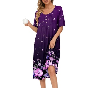 Ekouaer Nightgowns for Women Short Sleeve House Dresses with Pockets Pleated Moo moos Floral Print Mumu Dress(Purple Flower)