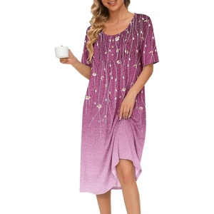 Ekouaer Nightgowns for Women Short Sleeve House Dresses with Pockets Pleated Moo moos Floral Print Mumu Dress(Sparkling Branches Purple)