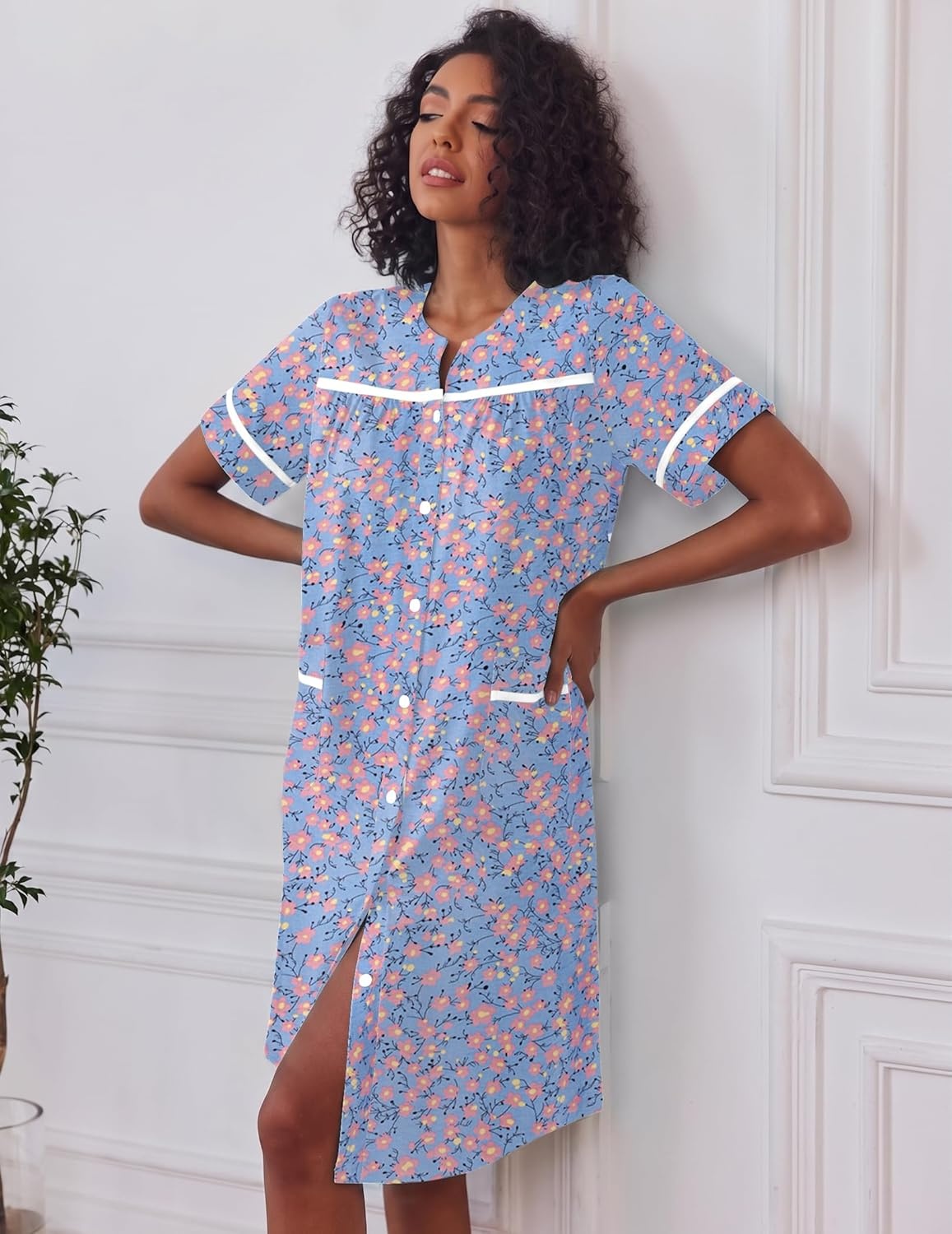 image:imageEkouaer Nightgowns for Women House Dress with Pockets Button Down House Coat Short Sleeve Night Gowns Duster Moo MoosBlue Flower