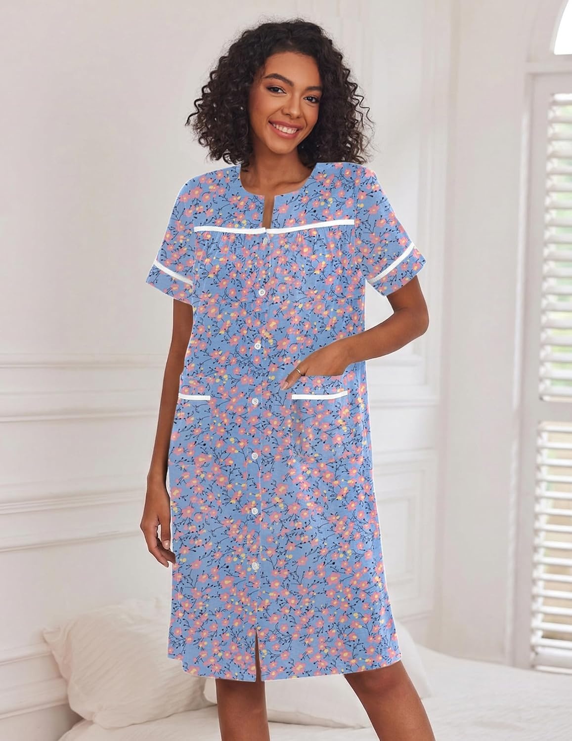 image:imageEkouaer Nightgowns for Women House Dress with Pockets Button Down House Coat Short Sleeve Night Gowns Duster Moo MoosBlue Flower