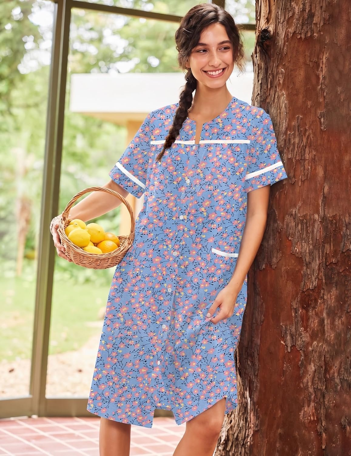 image:imageEkouaer Nightgowns for Women House Dress with Pockets Button Down House Coat Short Sleeve Night Gowns Duster Moo MoosBlue Flower