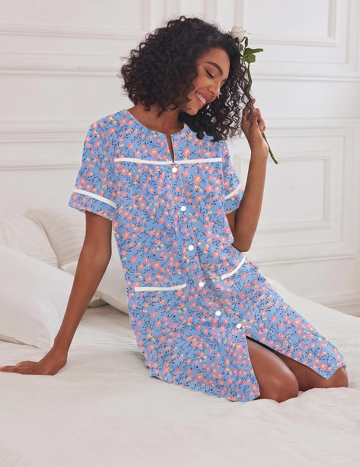 image:imageEkouaer Nightgowns for Women House Dress with Pockets Button Down House Coat Short Sleeve Night Gowns Duster Moo MoosBlue Flower