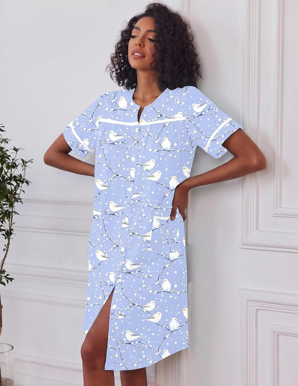 image:imageEkouaer Nightgowns for Women House Dress with Pockets Button Down House Coat Short Sleeve Night Gowns Duster Moo MoosBlue Pigeon