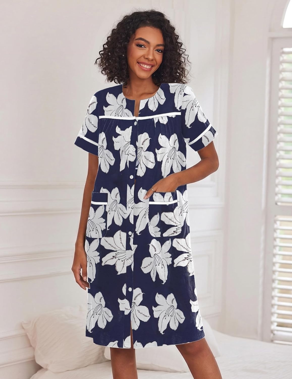 image:imageEkouaer Nightgowns for Women House Dress with Pockets Button Down House Coat Short Sleeve Night Gowns Duster Moo MoosNavy Flower