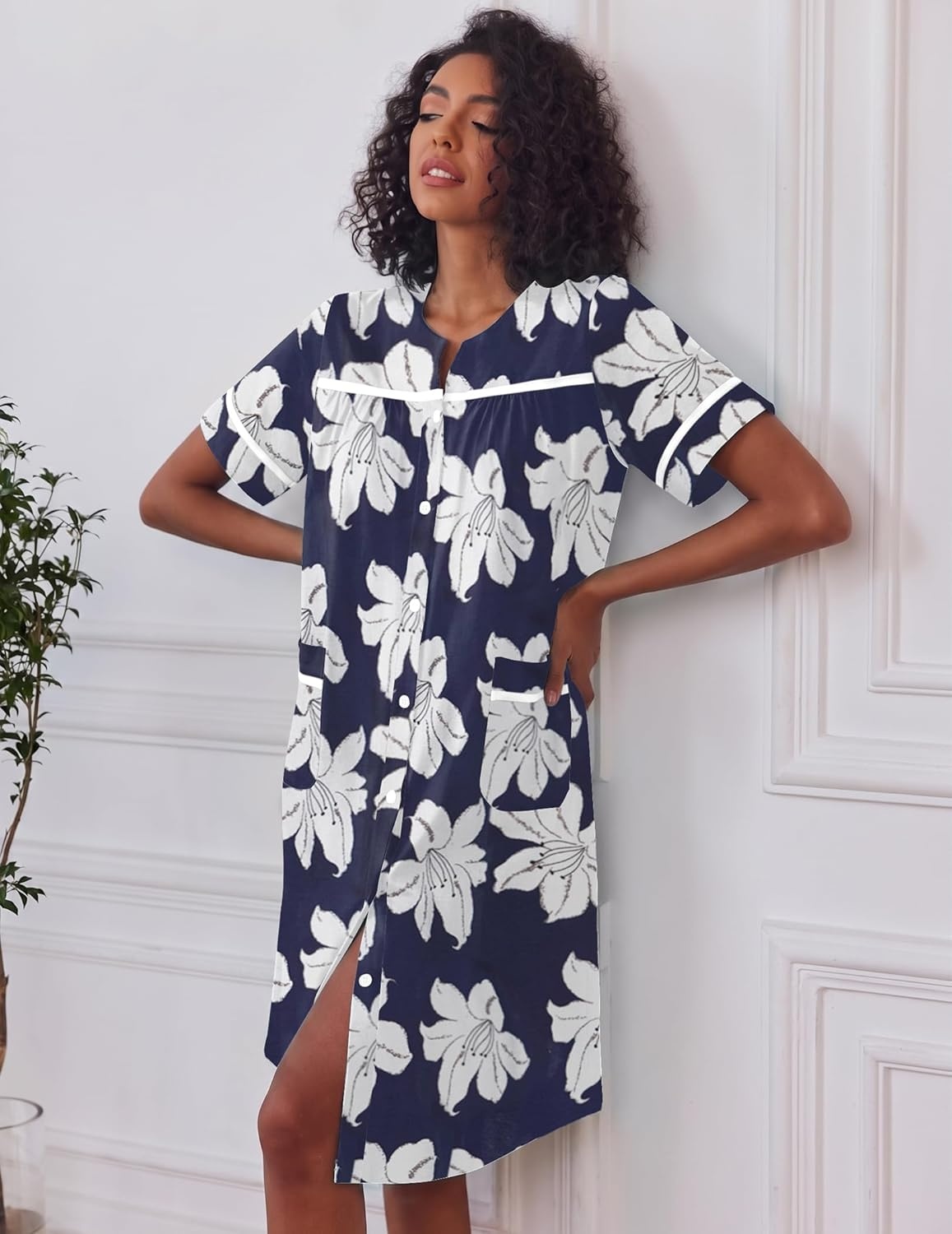 image:imageEkouaer Nightgowns for Women House Dress with Pockets Button Down House Coat Short Sleeve Night Gowns Duster Moo MoosNavy Flower