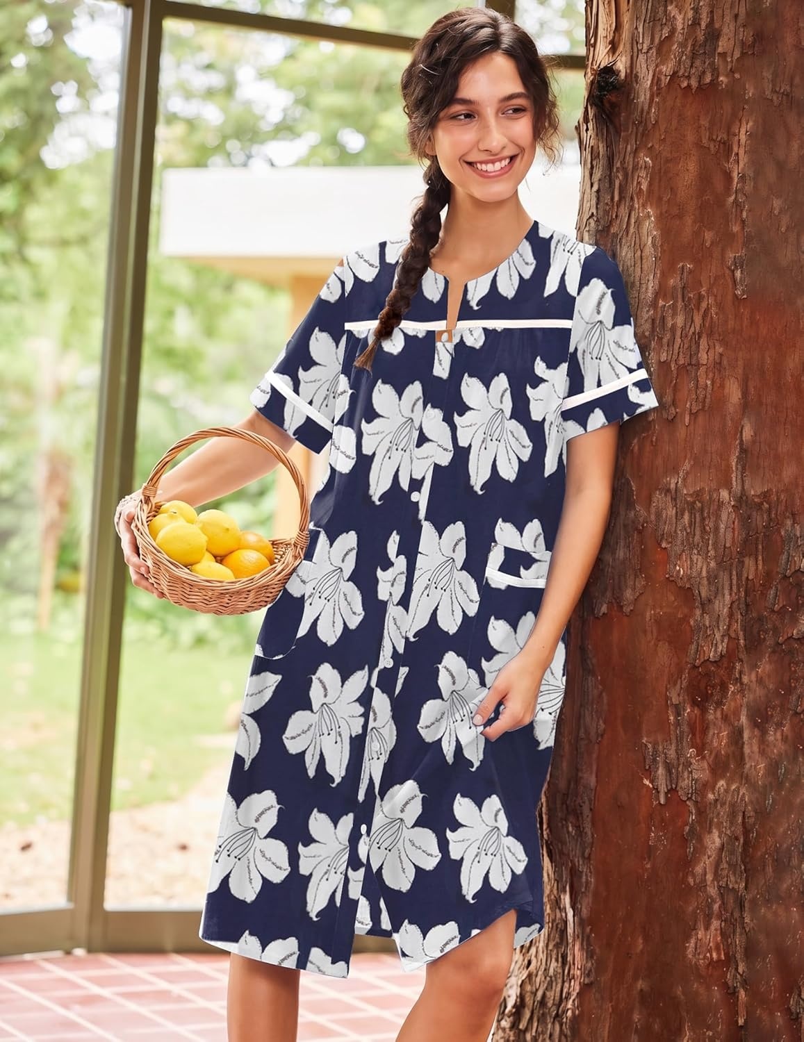 image:imageEkouaer Nightgowns for Women House Dress with Pockets Button Down House Coat Short Sleeve Night Gowns Duster Moo MoosNavy Flower