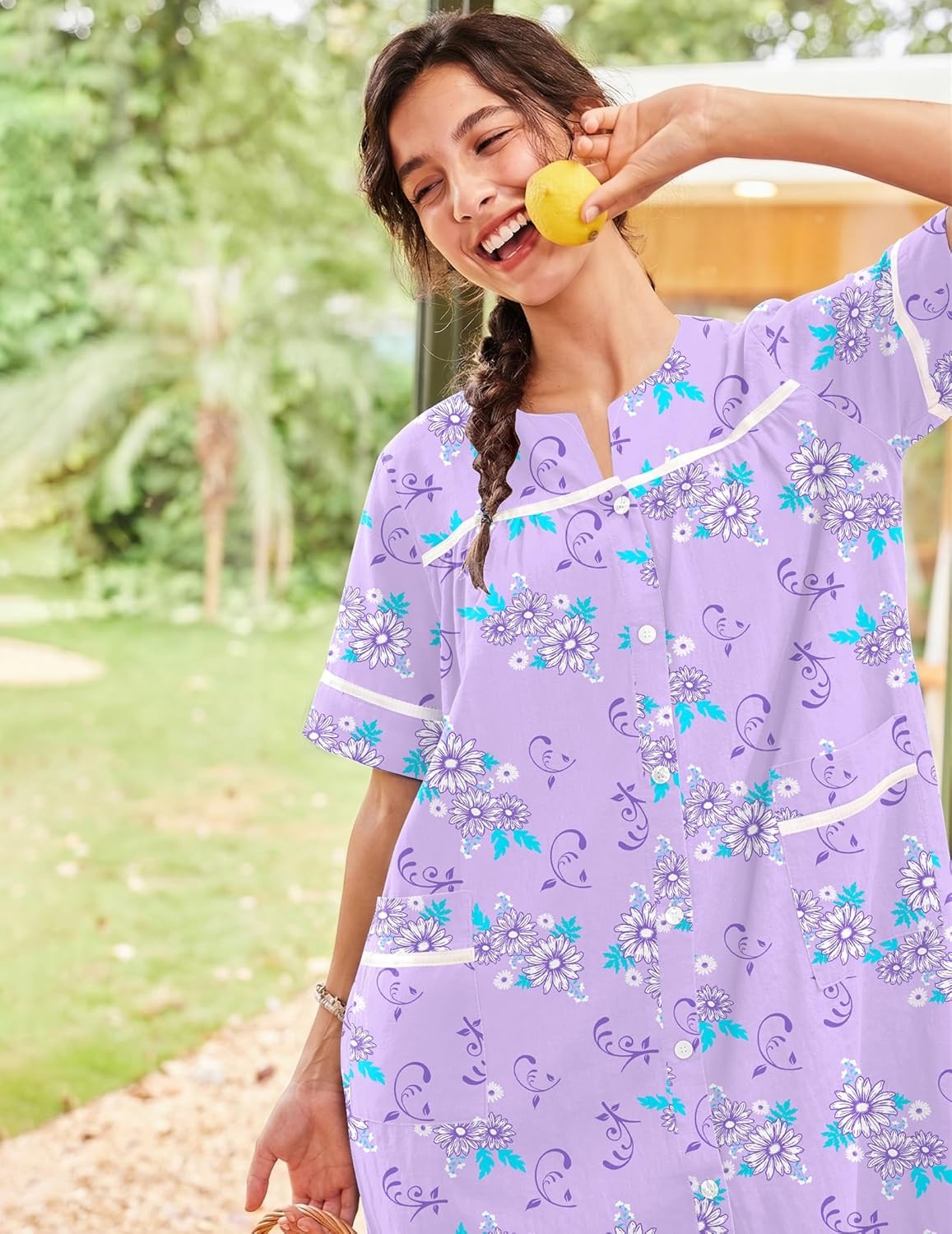 image:imageEkouaer Nightgowns for Women House Dress with Pockets Button Down House Coat Short Sleeve Night Gowns Duster Moo MoosPurple Daisy