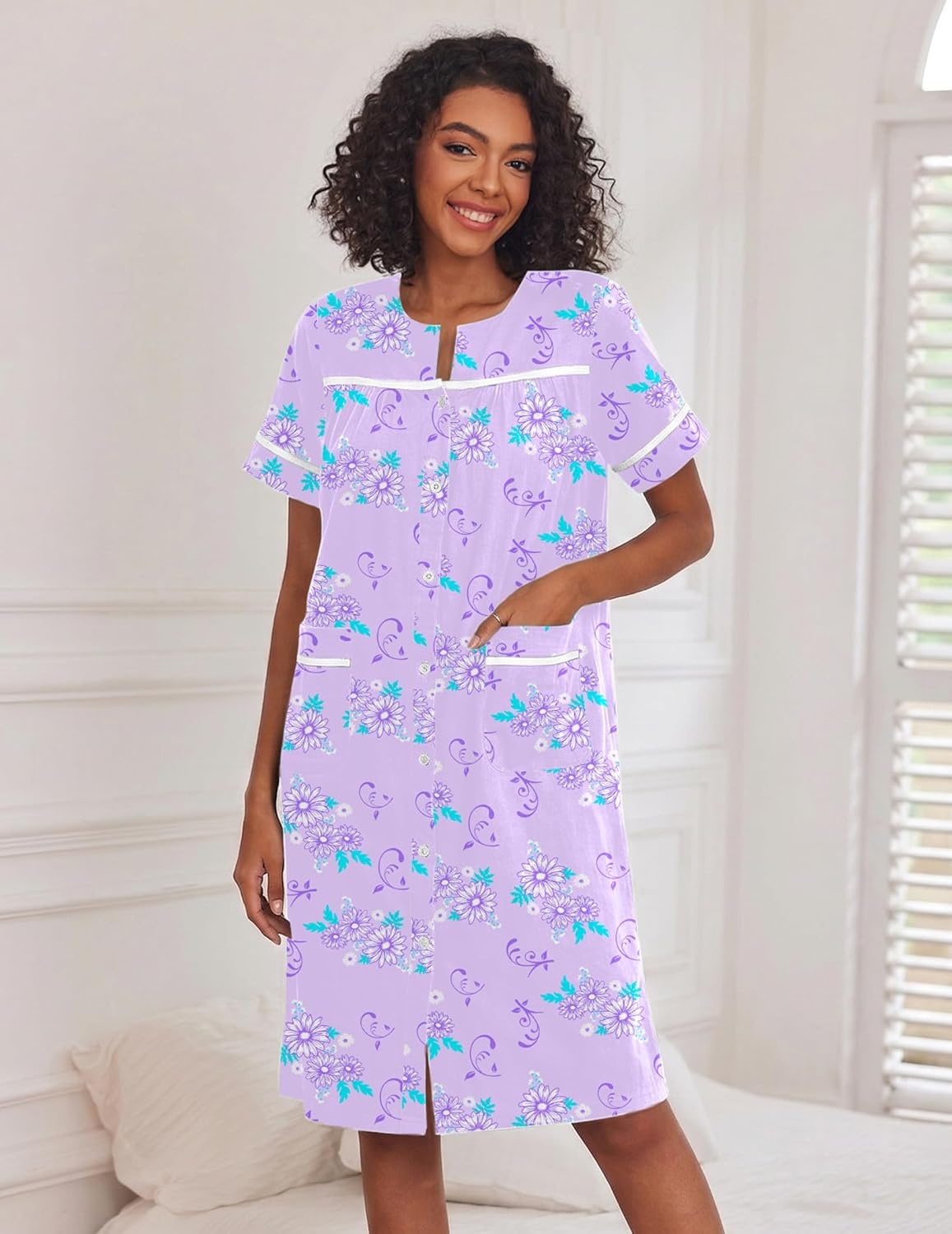 image:imageEkouaer Nightgowns for Women House Dress with Pockets Button Down House Coat Short Sleeve Night Gowns Duster Moo MoosPurple Daisy