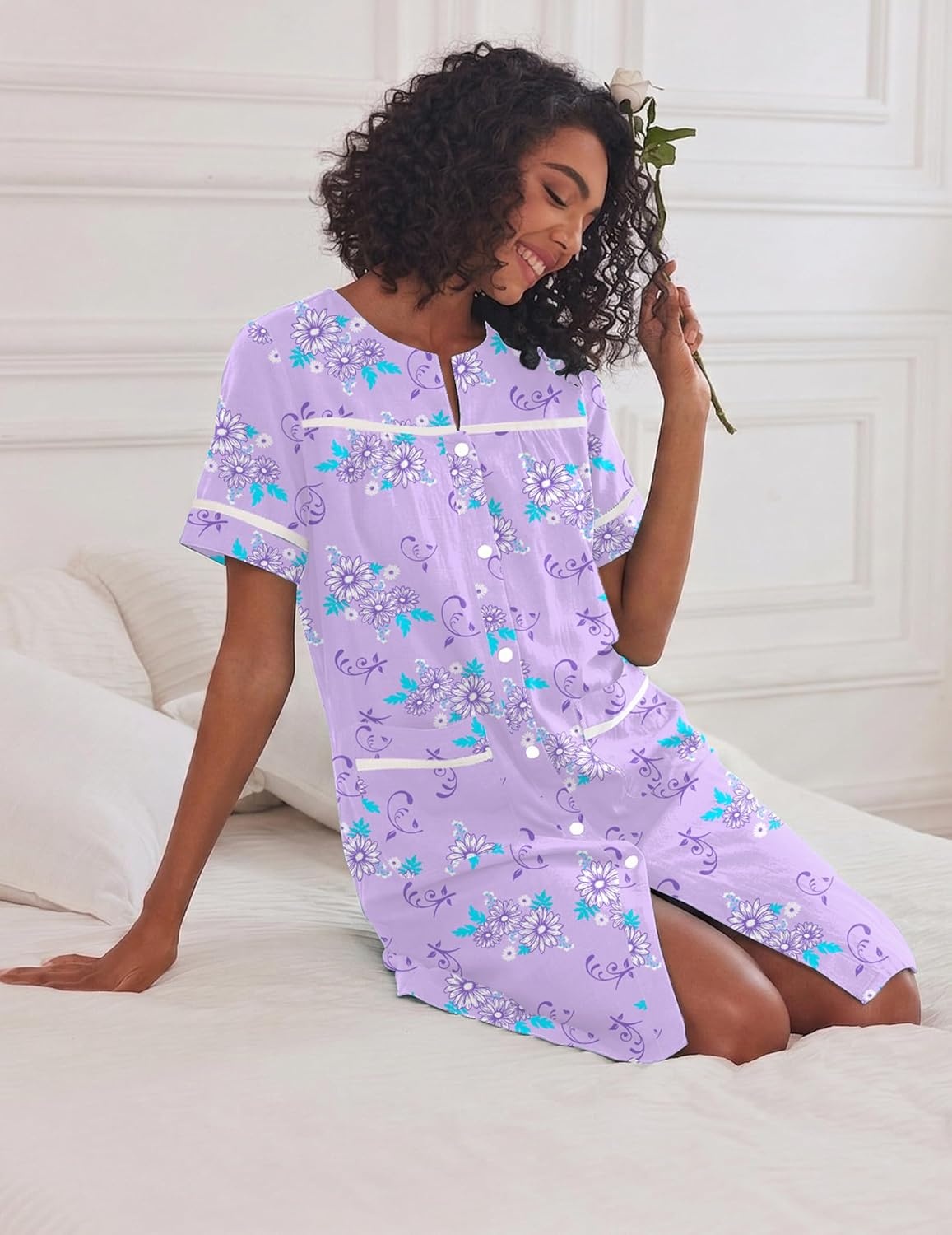 image:imageEkouaer Nightgowns for Women House Dress with Pockets Button Down House Coat Short Sleeve Night Gowns Duster Moo MoosPurple Daisy