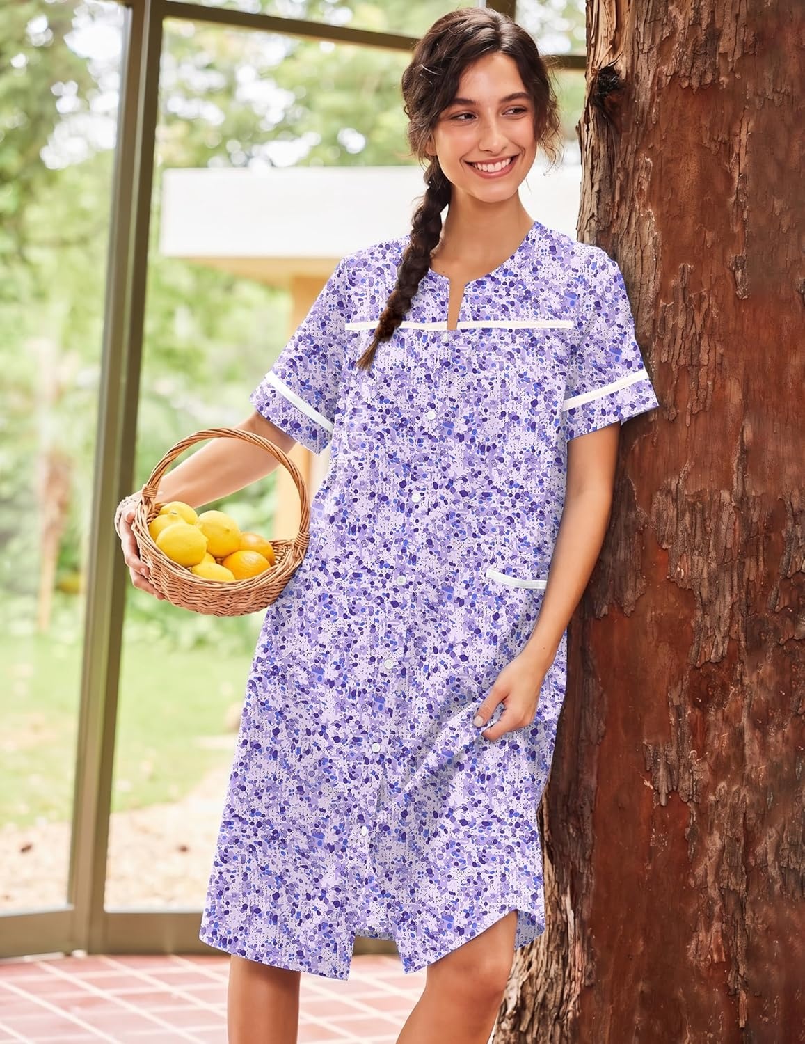 image:imageEkouaer Nightgowns for Women House Dress with Pockets Button Down House Coat Short Sleeve Night Gowns Duster Moo MoosPurple Dots