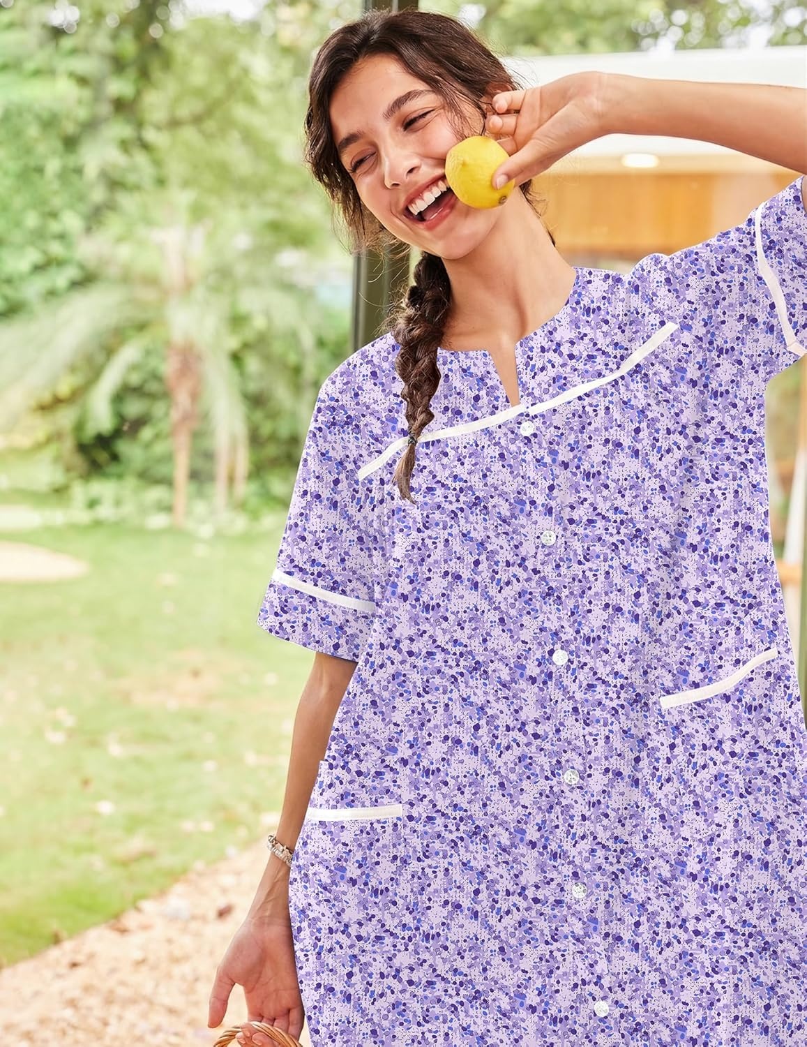 image:imageEkouaer Nightgowns for Women House Dress with Pockets Button Down House Coat Short Sleeve Night Gowns Duster Moo MoosPurple Dots