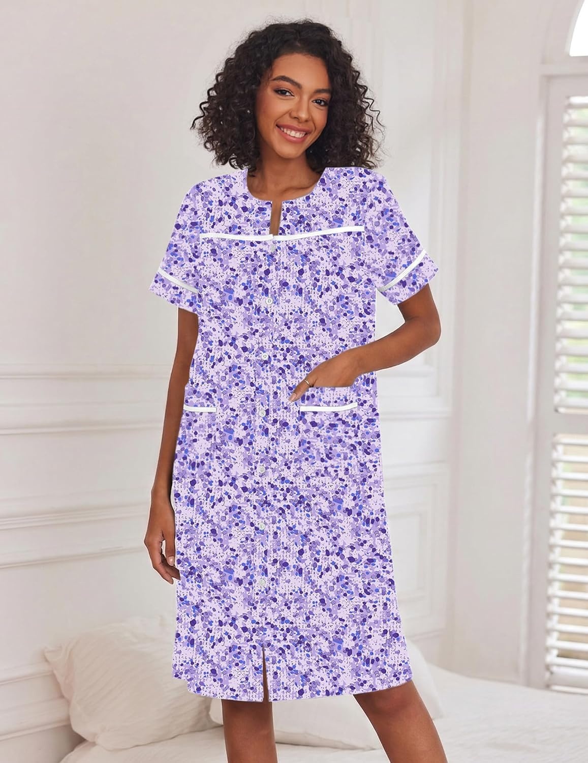 image:imageEkouaer Nightgowns for Women House Dress with Pockets Button Down House Coat Short Sleeve Night Gowns Duster Moo MoosPurple Dots