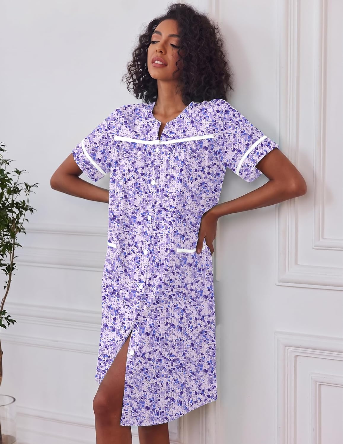 image:imageEkouaer Nightgowns for Women House Dress with Pockets Button Down House Coat Short Sleeve Night Gowns Duster Moo MoosPurple Dots