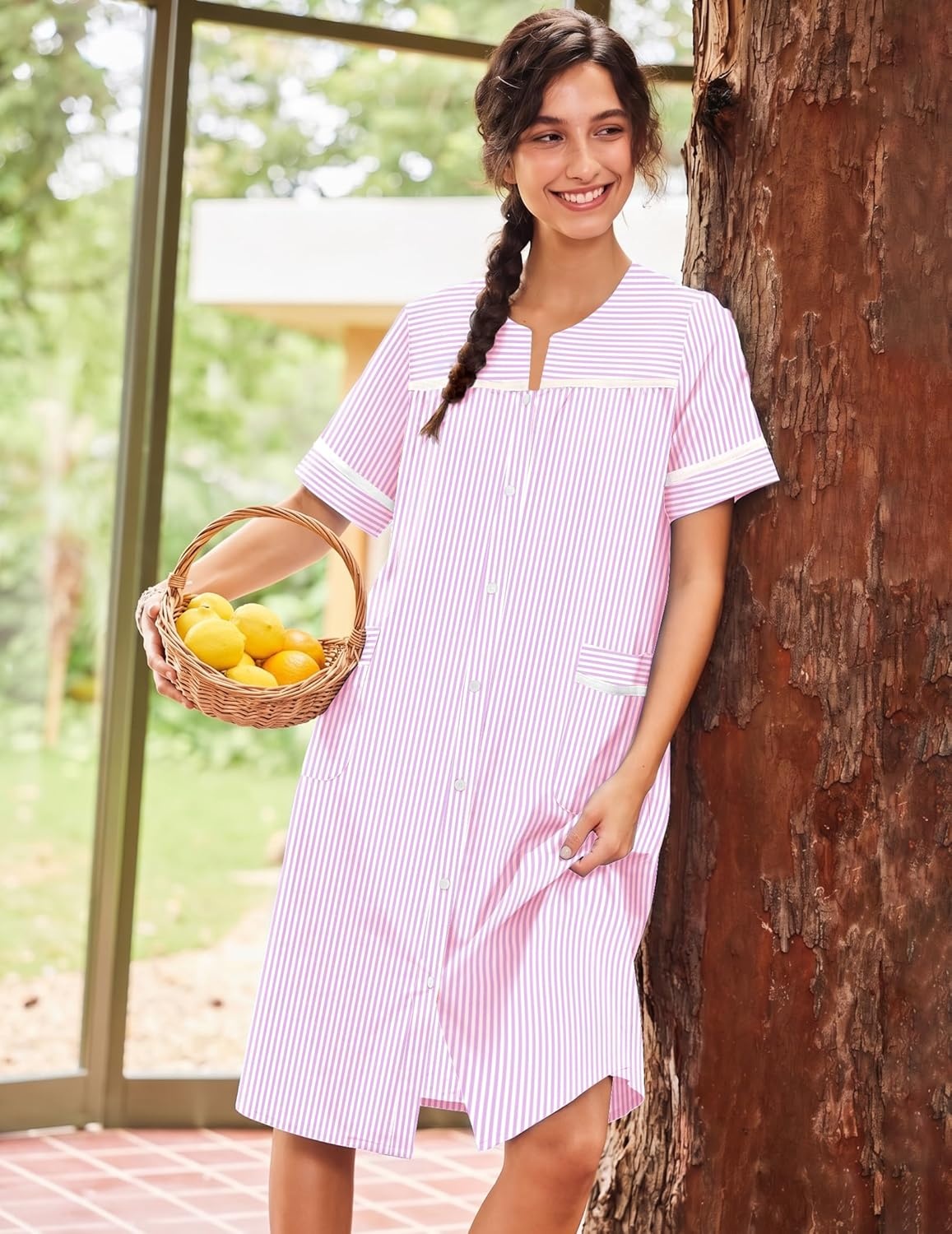 image:imageEkouaer Nightgowns for Women House Dress with Pockets Button Down House Coat Short Sleeve Night Gowns Duster Moo MoosStriped Pink