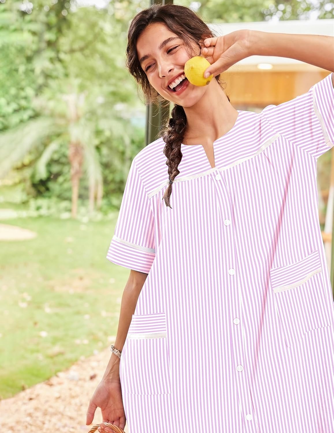 image:imageEkouaer Nightgowns for Women House Dress with Pockets Button Down House Coat Short Sleeve Night Gowns Duster Moo MoosStriped Pink