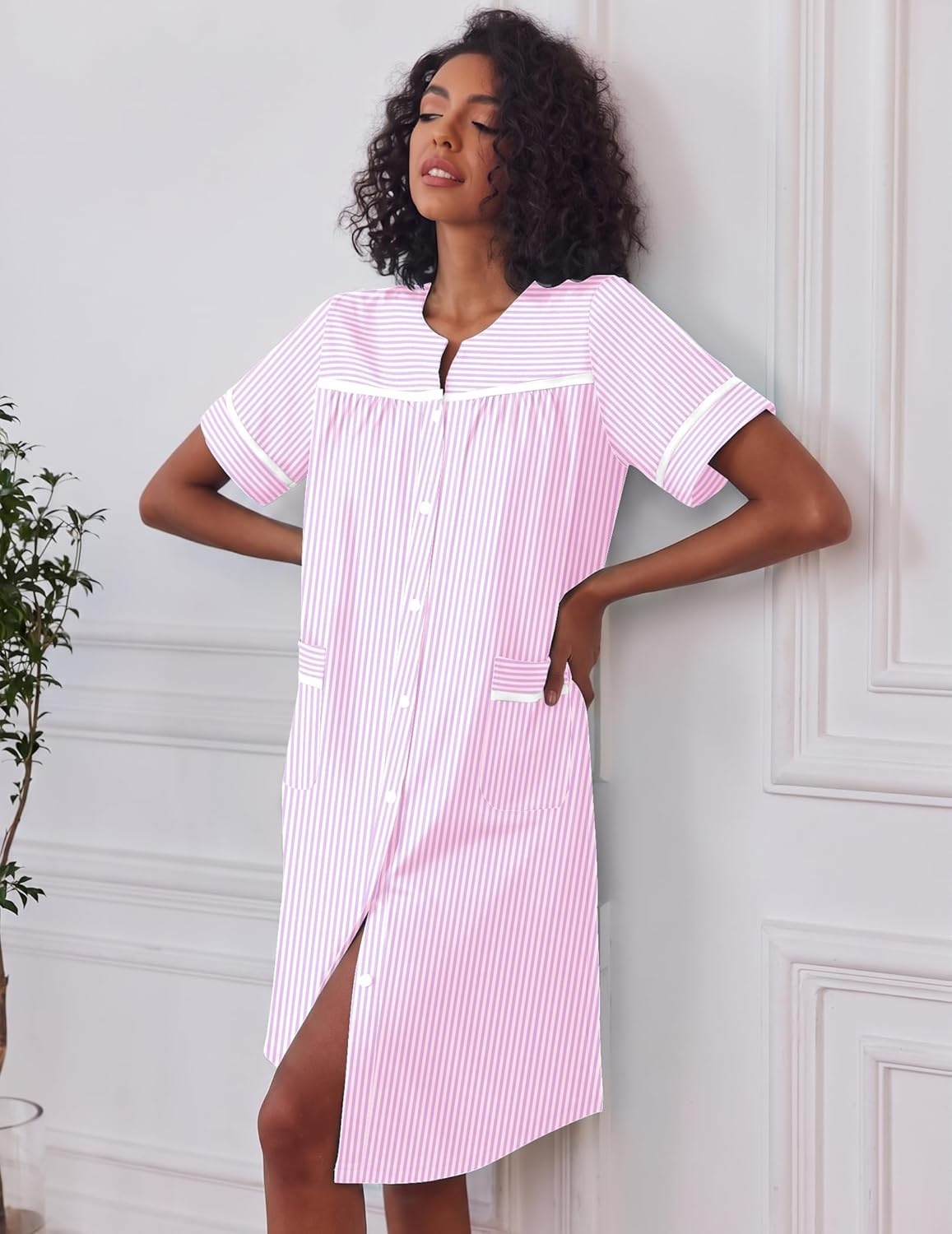 image:imageEkouaer Nightgowns for Women House Dress with Pockets Button Down House Coat Short Sleeve Night Gowns Duster Moo MoosStriped Pink