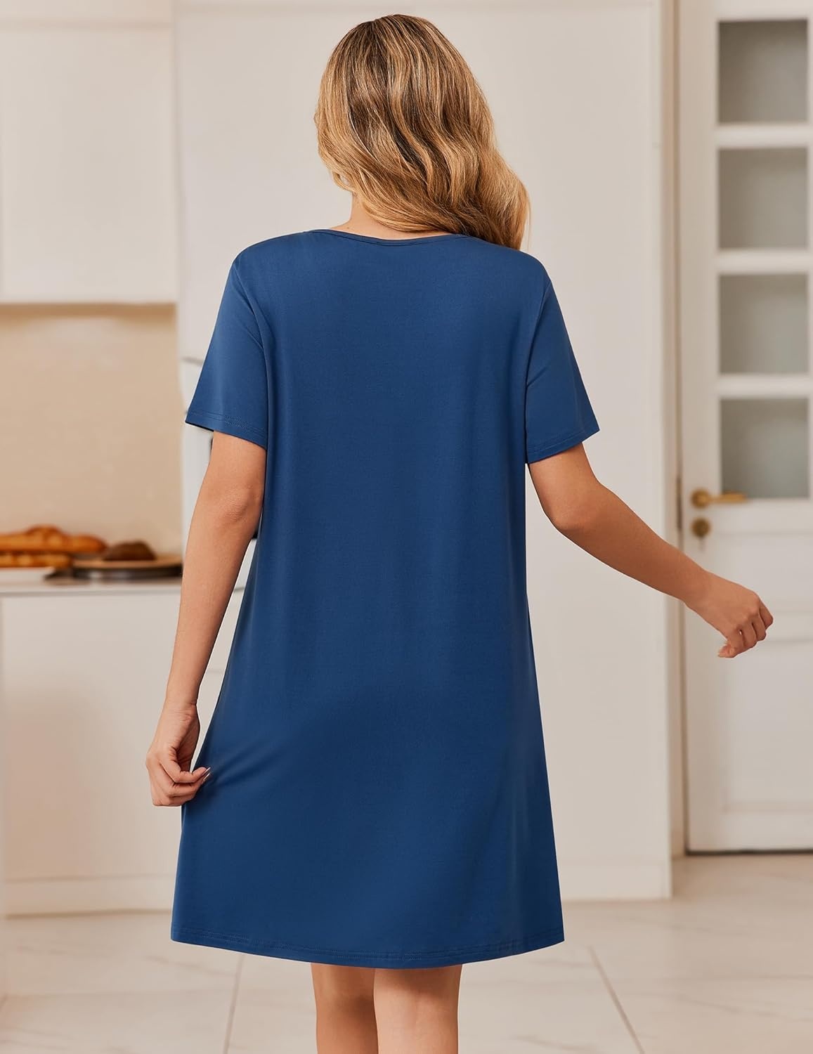 image:imageEkouaer Womens Zip Up Robe Lace Short Sleeve Bathrobes Knee Length Housecoat Lightweight Nightgowns with Pockets Navy Blue XL