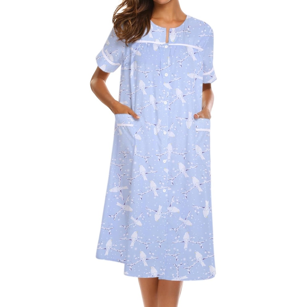 image:imageEkouaer Nightgowns for Women House Dress with Pockets Button Down House Coat Short Sleeve Night Gowns Duster Moo MoosBlue Pigeon