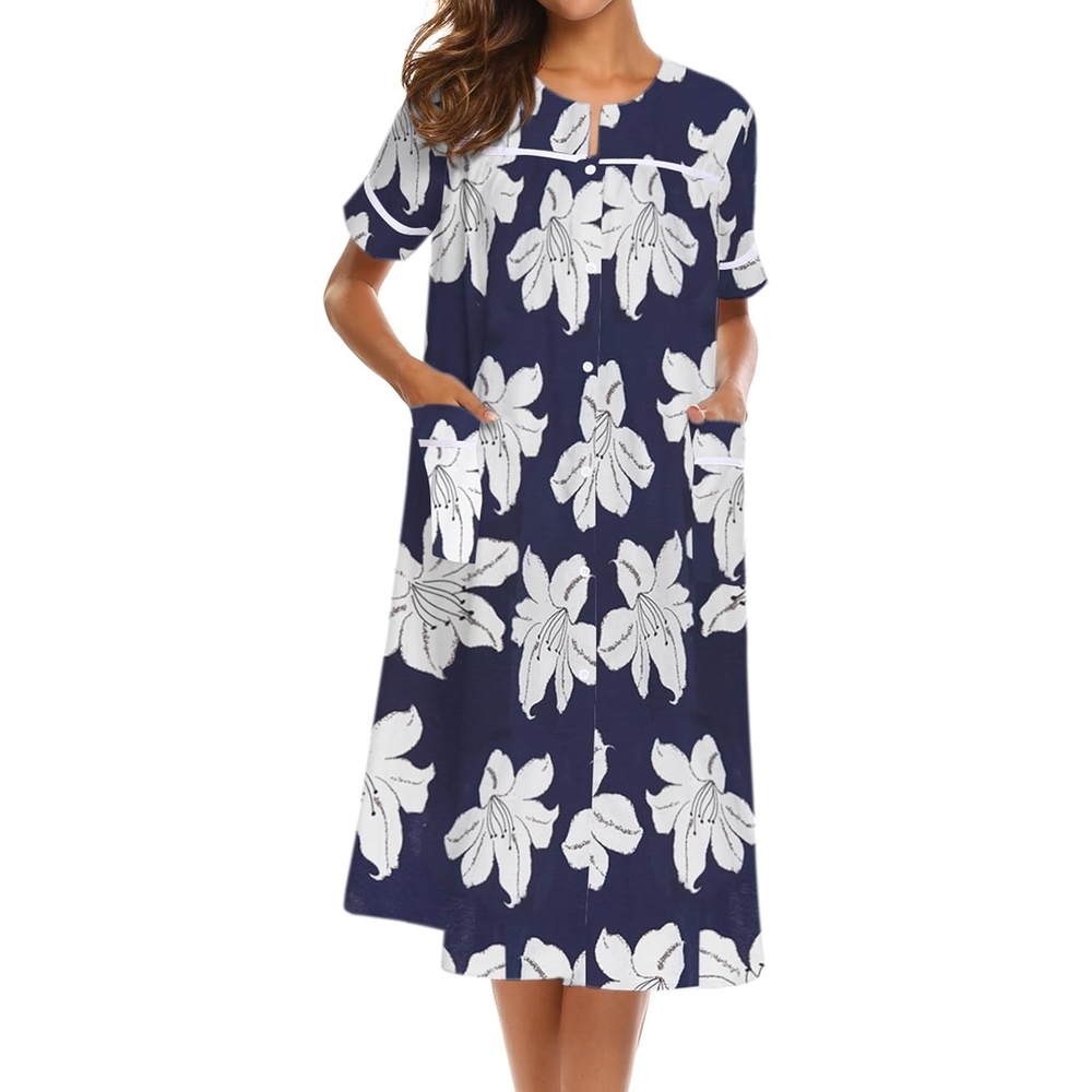 image:imageEkouaer Nightgowns for Women House Dress with Pockets Button Down House Coat Short Sleeve Night Gowns Duster Moo MoosNavy Flower
