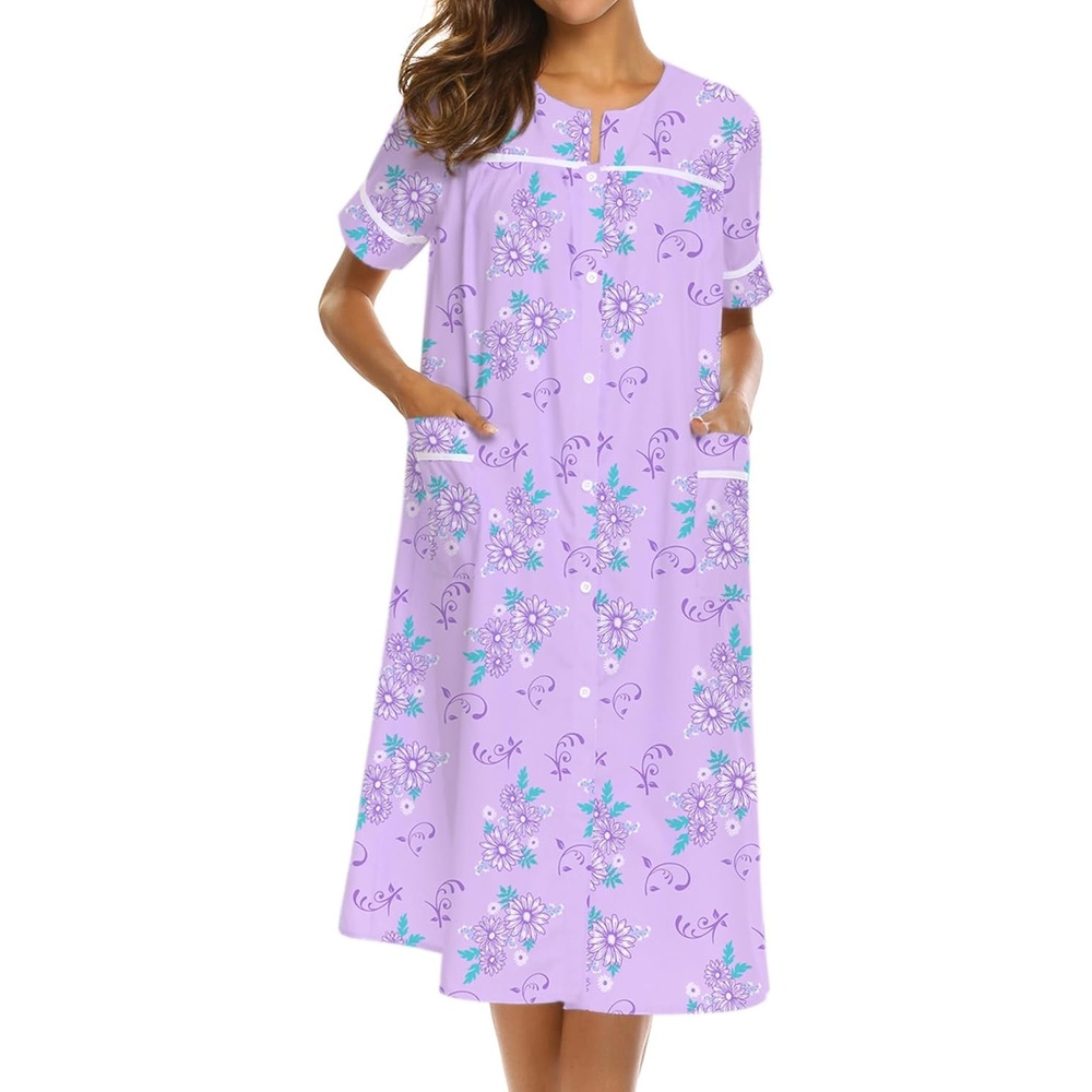 image:imageEkouaer Nightgowns for Women House Dress with Pockets Button Down House Coat Short Sleeve Night Gowns Duster Moo MoosPurple Daisy