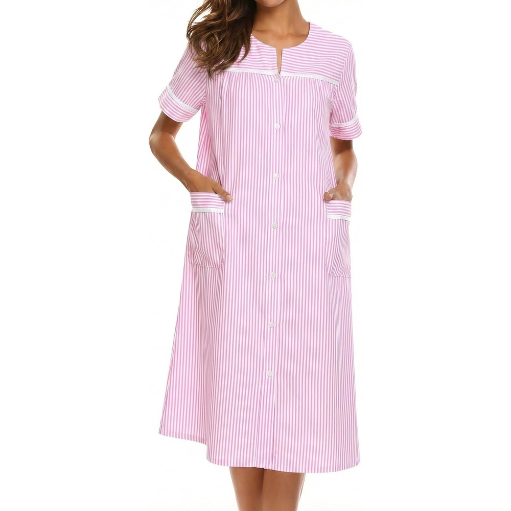 image:imageEkouaer Nightgowns for Women House Dress with Pockets Button Down House Coat Short Sleeve Night Gowns Duster Moo MoosStriped Pink