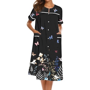 Ekouaer Nightgowns for Women House Dress with Pockets Button Down House Coat Short Sleeve Night Gowns Duster Moo Moos(Black Butterfly)
