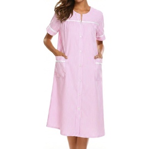 Ekouaer Nightgowns for Women House Dress with Pockets Button Down House Coat Short Sleeve Night Gowns Duster Moo Moos(Striped Pink)