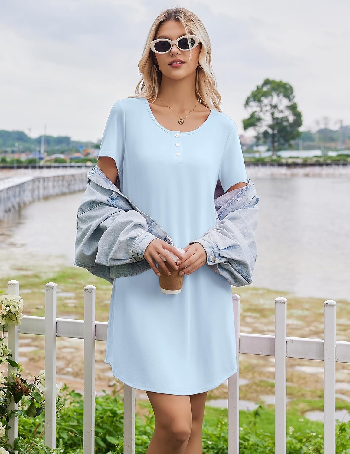 image:imageEkouaer Nightgowns for Women Bamboo Viscose Sleep Shirts T Shirt Night Gown Short Sleeve Nightshirt Cooling Pajama DressBaby Blue