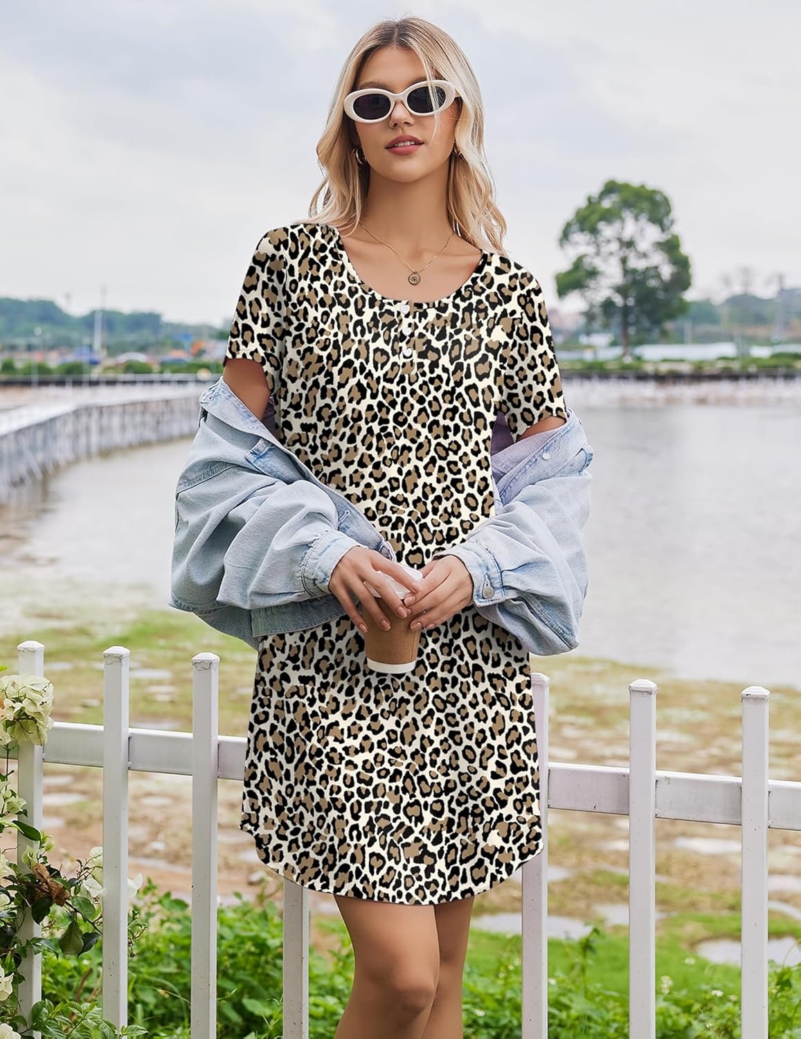 image:imageEkouaer Nightgowns for Women Bamboo Viscose Sleep Shirts T Shirt Night Gown Short Sleeve Nightshirt Cooling Pajama DressBlack Leopard