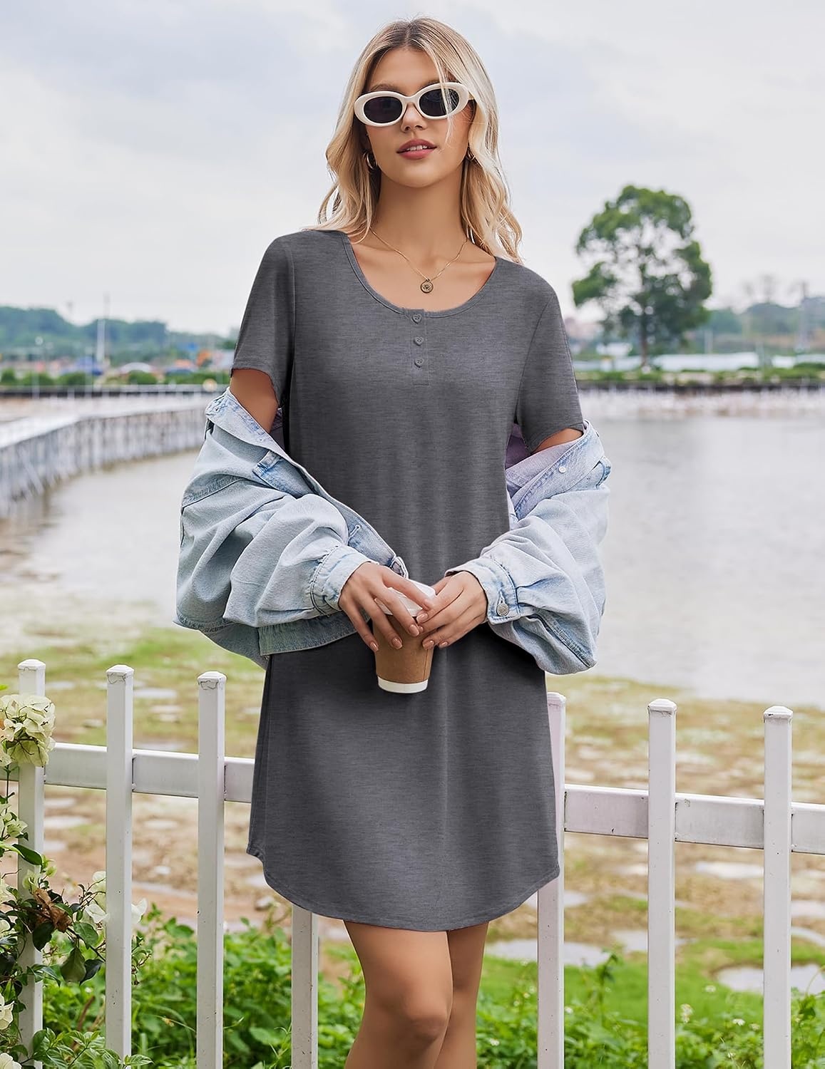 image:imageEkouaer Nightgowns for Women Bamboo Viscose Sleep Shirts T Shirt Night Gown Short Sleeve Nightshirt Cooling Pajama DressDark Grey