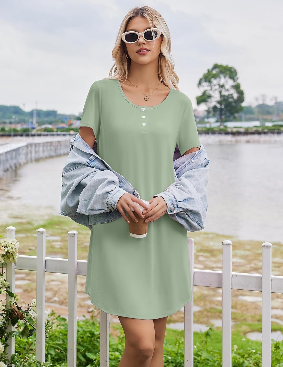 image:imageEkouaer Nightgowns for Women Bamboo Viscose Sleep Shirts T Shirt Night Gown Short Sleeve Nightshirt Cooling Pajama DressLight Green