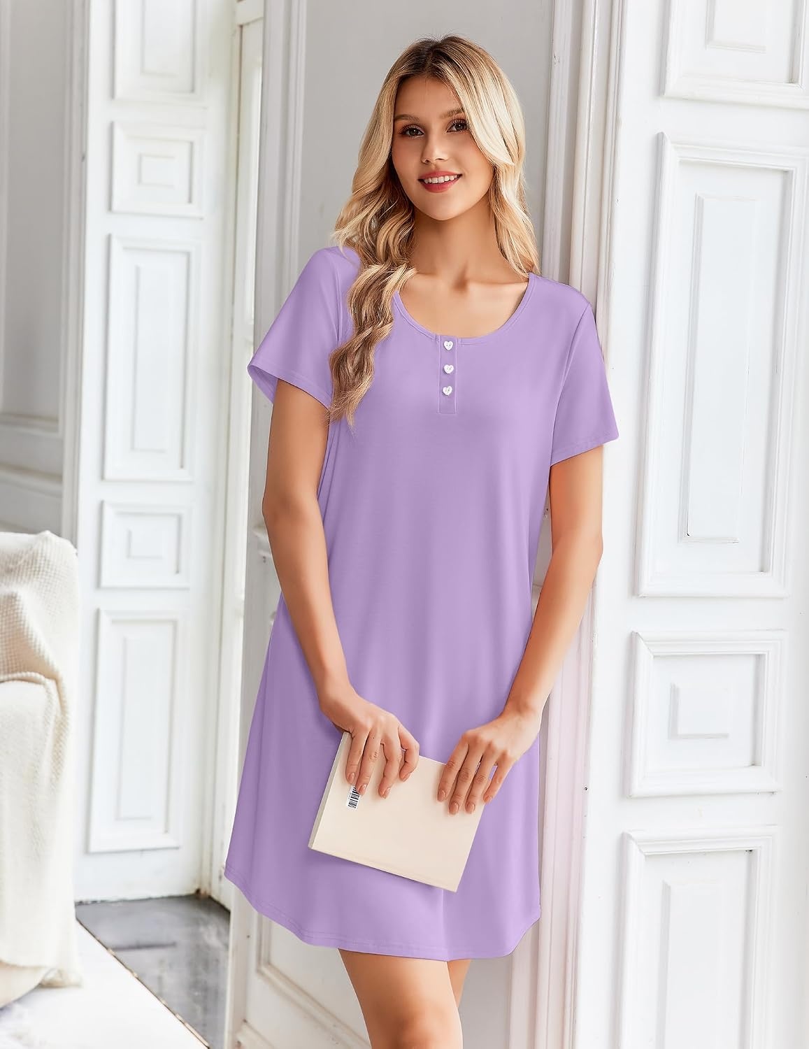 image:imageEkouaer Nightgowns for Women Bamboo Viscose Sleep Shirts T Shirt Night Gown Short Sleeve Nightshirt Cooling Pajama DressLilac