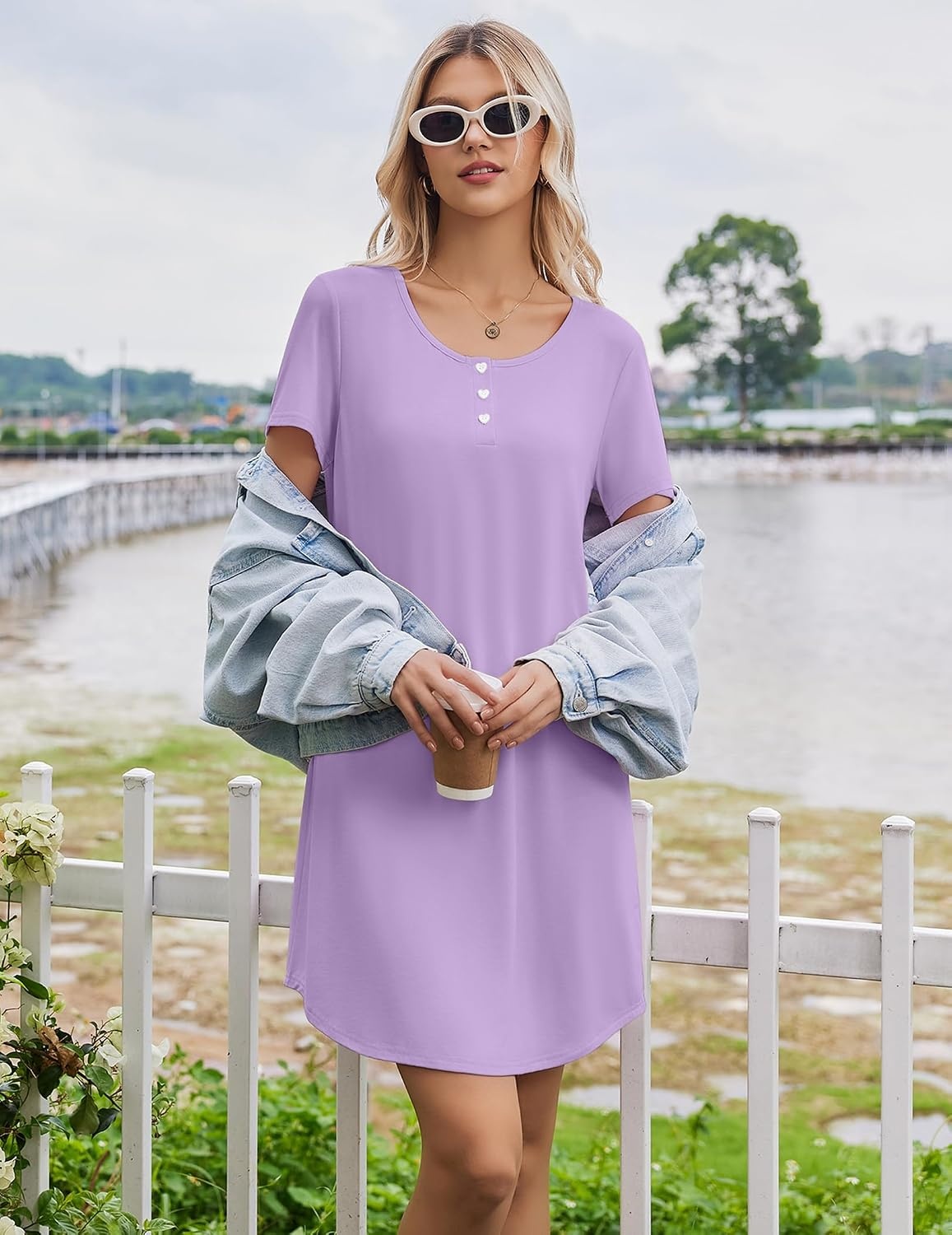 image:imageEkouaer Nightgowns for Women Bamboo Viscose Sleep Shirts T Shirt Night Gown Short Sleeve Nightshirt Cooling Pajama DressLilac