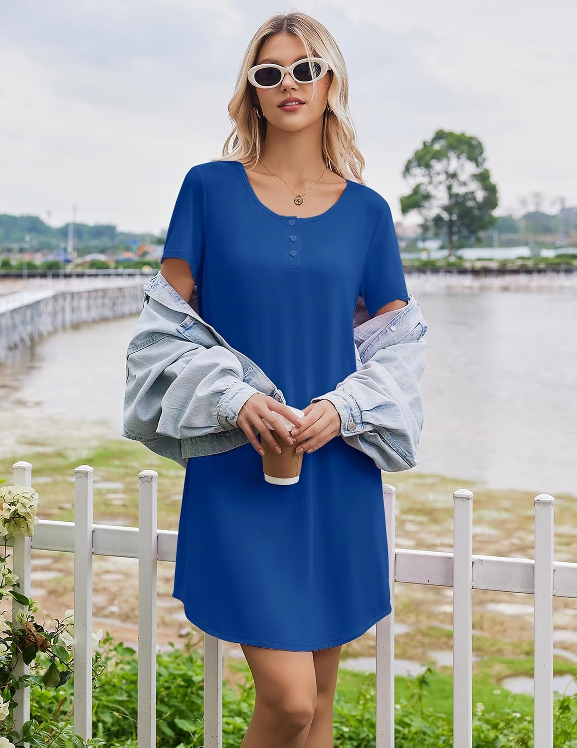 image:imageEkouaer Nightgowns for Women Bamboo Viscose Sleep Shirts T Shirt Night Gown Short Sleeve Nightshirt Cooling Pajama DressNavy