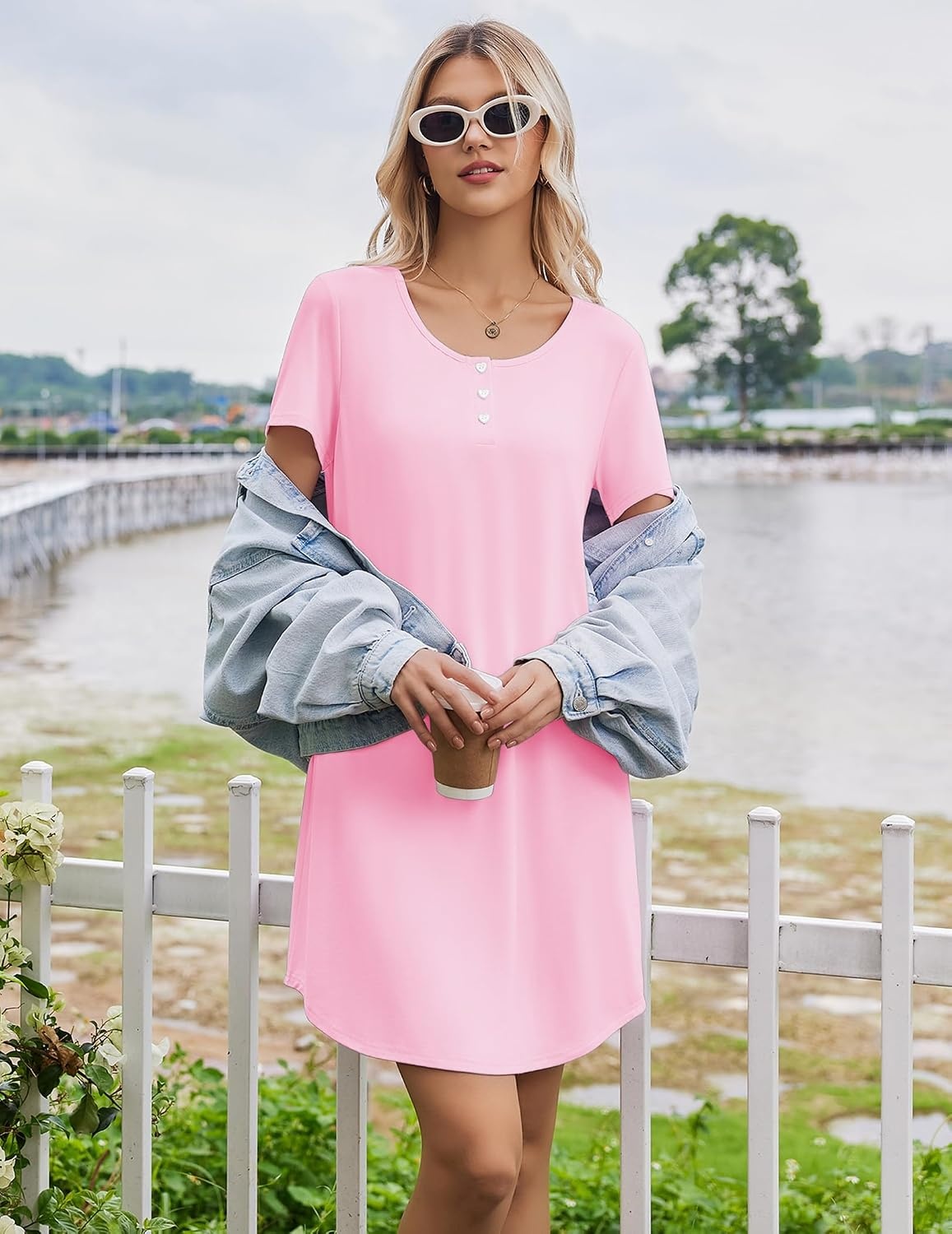 image:imageEkouaer Nightgowns for Women Bamboo Viscose Sleep Shirts T Shirt Night Gown Short Sleeve Nightshirt Cooling Pajama DressPink