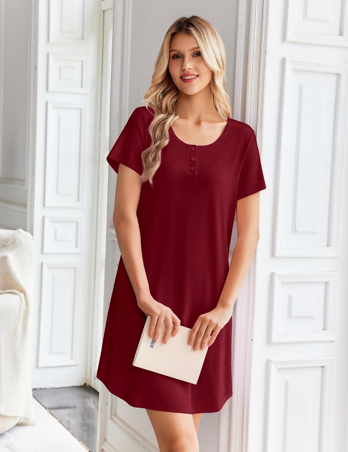image:imageEkouaer Nightgowns for Women Bamboo Viscose Sleep Shirts T Shirt Night Gown Short Sleeve Nightshirt Cooling Pajama DressWine Red